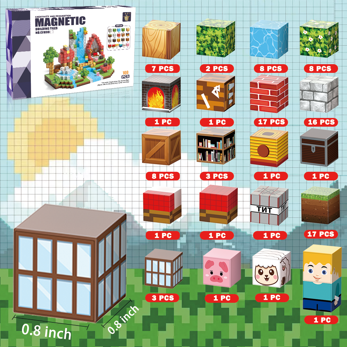 Minecraft 3D Magnetic Building Blocks – Waterfall Theme | 100 Pieces | 2cm Cubes
