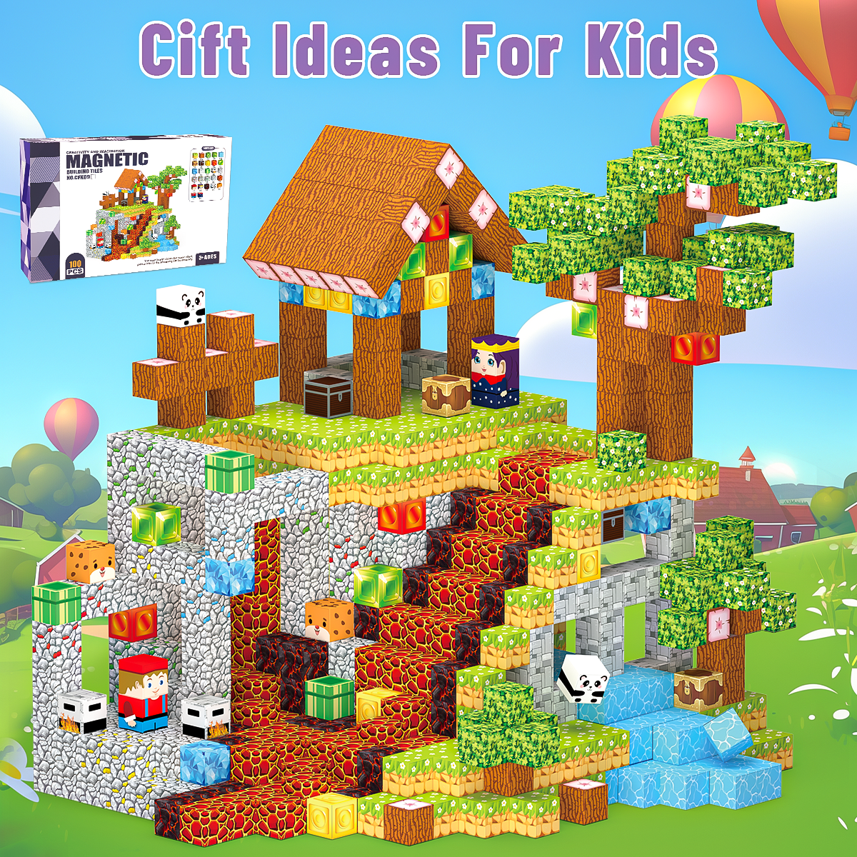 Minecraft 3D Magnetic Building Blocks – Village Theme | 100 Pieces | 2cm Cubes (Ages 3-7)