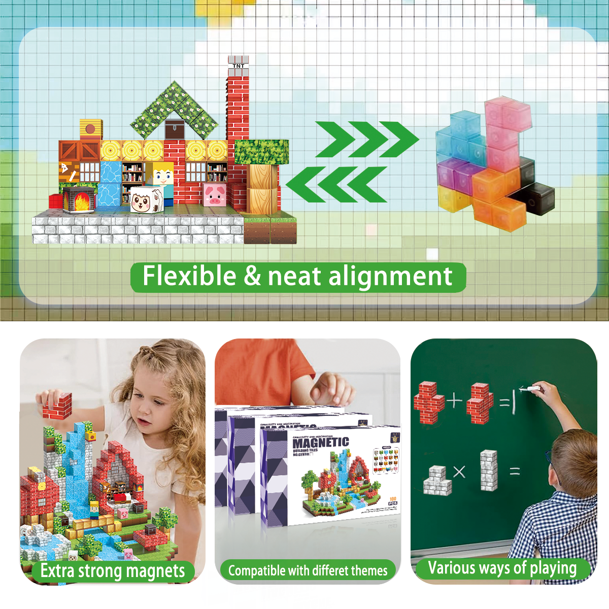 Minecraft 3D Magnetic Building Blocks – Waterfall Theme | 100 Pieces | 2cm Cubes