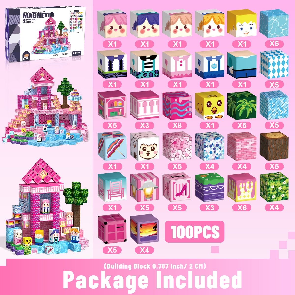 Minecraft 3D Magnetic Building Blocks – Pink Palace Theme | 100 Pieces | 2cm Cubes (Ages 3-7)