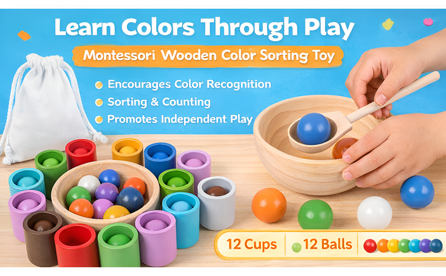 Wooden Colour Sorting Toy — 12 Balls & 12 Cups | Montessori Toddler Toy