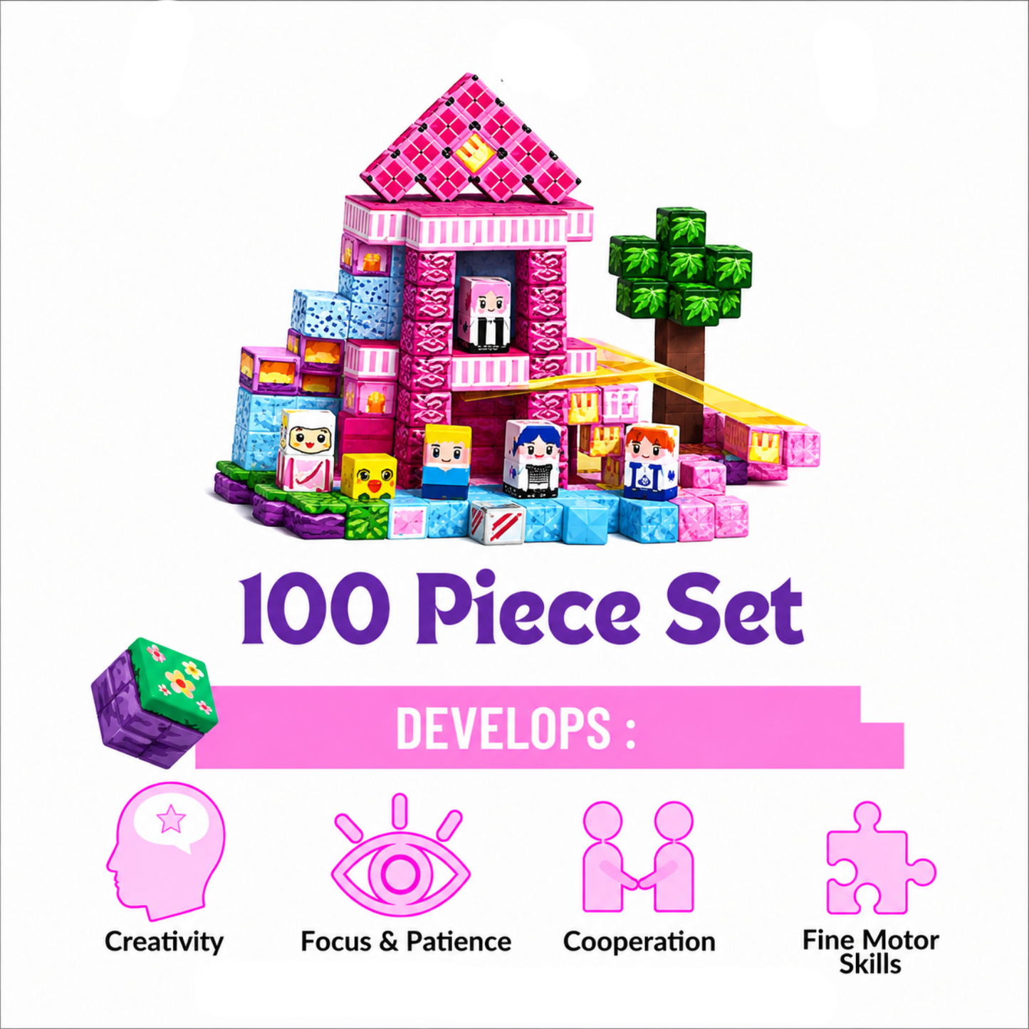 Minecraft 3D Magnetic Building Blocks – Pink Palace Theme | 100 Pieces | 2cm Cubes (Ages 3-7)